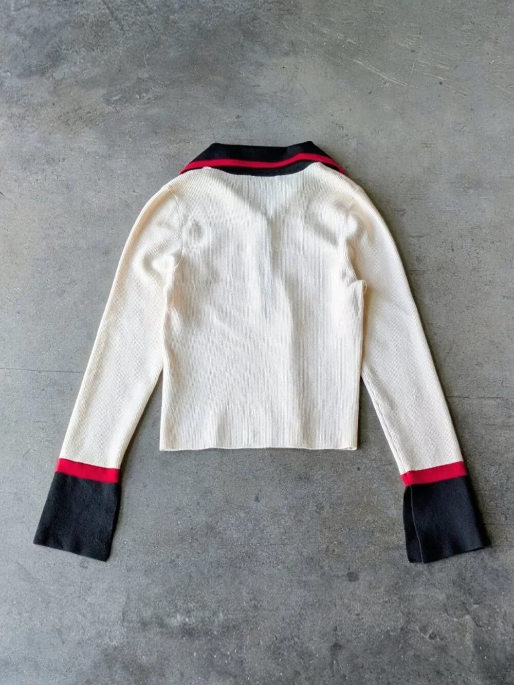 Alice + Olivia Pia Ribbed Polo Shirt Black White Red Knit Collared Wool Sweater